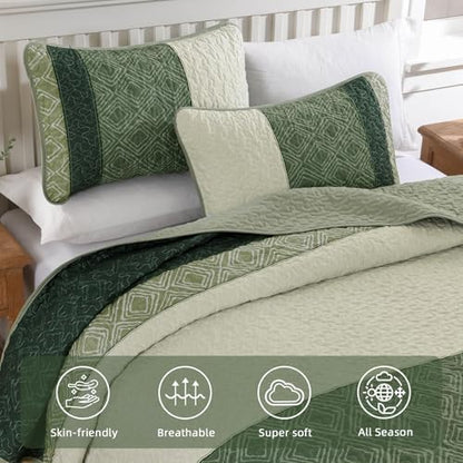 Cottolester Sage Green Quilt Set King,3 Pcs Summer Striped Bedspread Set