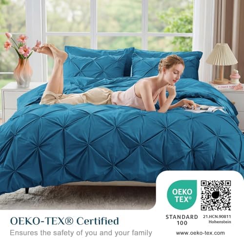 JOLLYVOGUE Queen Comforter Set 7 Pieces - Bed in a Bag Queen for All Season, Pintuck Bedding Comforter Sets with Comforter, Flat Sheet, Fitted Sheet and Pillowcases & Shams, Teal