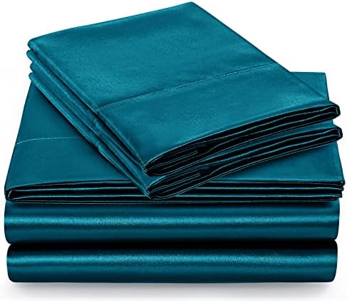 SiinvdaBZX 4Pcs Satin Sheet Set King Size 15-Inch Deep Pocket, Teal