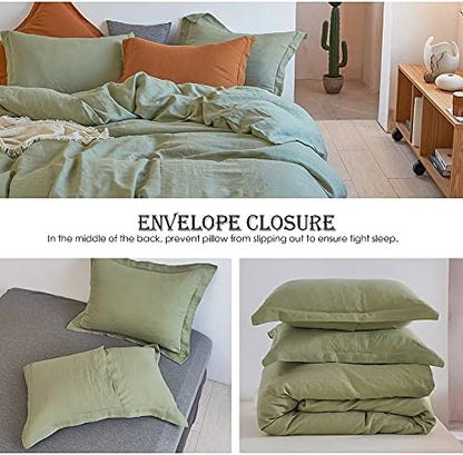 Simple&Opulence 100% Linen Duvet Cover Set 3pcs Basic Style Natural French Washed Flax Solid Color Soft Breathable Farmhouse Bedding with Button Closure - Sage Green, Queen