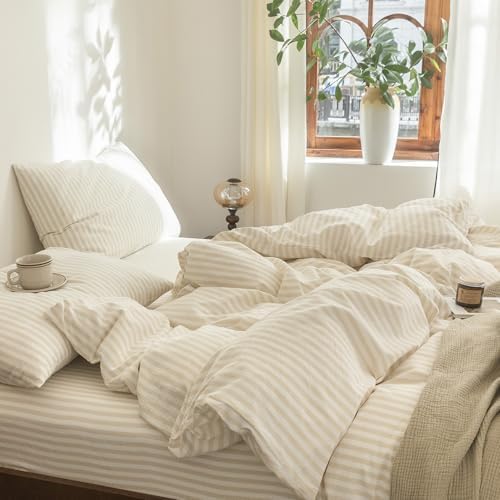 FOSSA Striped Duvet Cover Set 100% Washed Cotton Linen Feel Oversized Queen