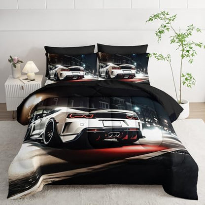 Nttopship King 7PCS White Racing Car Bedding Set, 7 Piece in A Bag, Bed Sheet Set, Microfiber Lightweight All Season