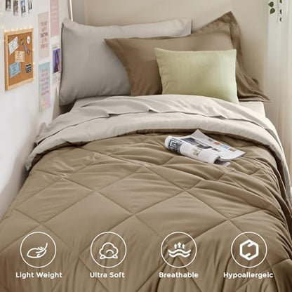 HEVUMYI 5-Piece Twin Comforter Set, Khaki & Linen Bed in a Bag