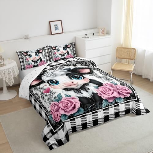 Feelyou Kids Cute Highland Cow Comforter Set Queen Size Highland Cattle Bedding Set Boys Girls Flowers Floral Pattern Quilt Set Black White Plaid Buffalo Check Bed Set