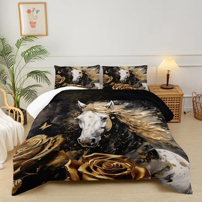 White Horse Style Comforter Set Twin Size，Gold Rose Floral Bedding Sets Twin，Butterfly Quilt Pattern，Western Bedroom Decor