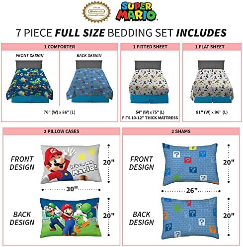 Super Mario Kids Bedding Set, Full Size 7 Piece Comforter and Sheet Set with Sham, (Officially Licensed Product) by Franco