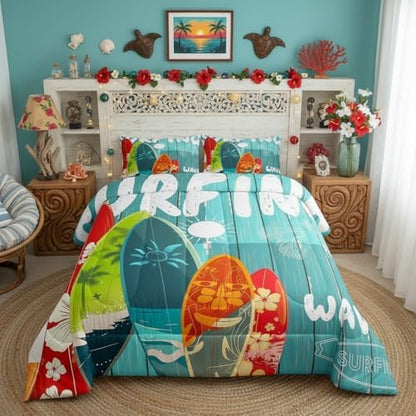 Surfboard Surf Comforter Set Full,Blue Rustic Farmhouse Wooden Board Duvet Insert Sun Flowers Palm Tree Silhouette Bedding Set for Kids Teens Adults,Hawaiian Ocean Style Quilted Duvet,2 Pillowcases