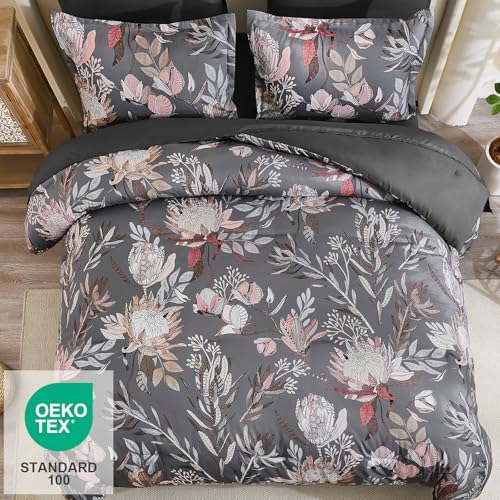 Luxudecor Floral Comforter Set Queen Bed in a Bag Set,7 Pieces Dark Gray Floral Comforter and Sheet Set,Soft Microfiber Bedding Sets for All Seasons (Dark Gray,90"X90")