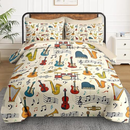 WeCozy Twin Comforter Set with Sheets, 5 Pieces Music Retro Bedding