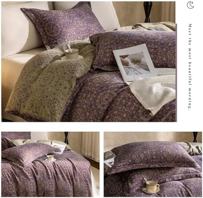 Full Duvet Cover Set Purple Green Floral Duvet Cover Exquisite Jacquard Flower Bedding Set Boho Medallion Vintage Floral Comforter Cover Linen Cotton Yarn-Dyed Textured Duvet Cover with Zipper Ties