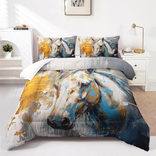 Nttopship Horse Canvas Comforter Set Twin Size,100% Soft Ultra-fine Fiber Four Season White Horse Comforter Set with 1 Comforter and 2 Pillow Case
