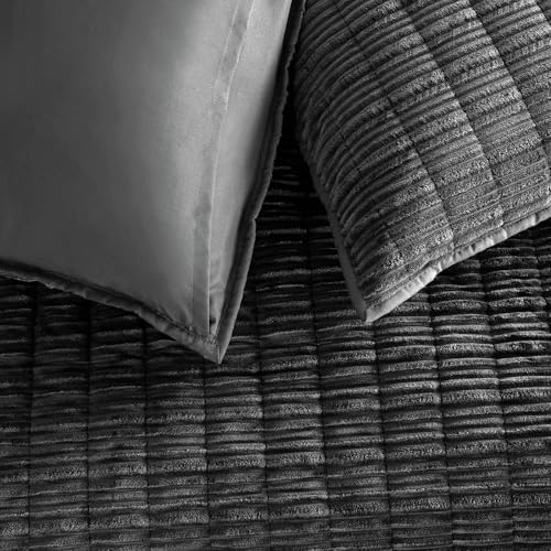 Wonderful Corduroy Texture Black Grey Quilt Set Queen - Hypoallergenic Skin-Friendly Soft Plush Velvety Touch Bedspread, Classic Vertical Striped Lightweight Coverlet for All Season, 94"x94"
