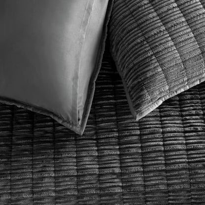 Wonderful Corduroy Texture Black Grey Quilt Set Queen - Hypoallergenic Skin-Friendly Soft Plush Velvety Touch Bedspread, Classic Vertical Striped Lightweight Coverlet for All Season, 94"x94"