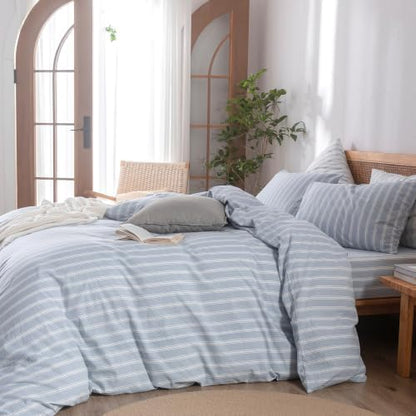 BESTOUCH Striped Cotton Duvet Cover Set Linen Feel California King