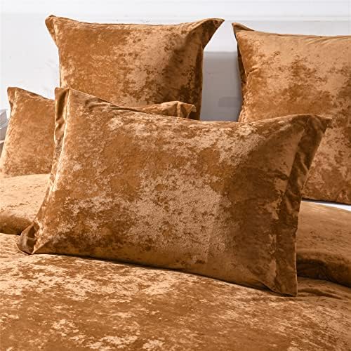 Fredsure Distressed Velvet Comforter Set, 5 Pieces Gold Caramel King, Distressed Velvet Face and Brushed Microfiber Reverse