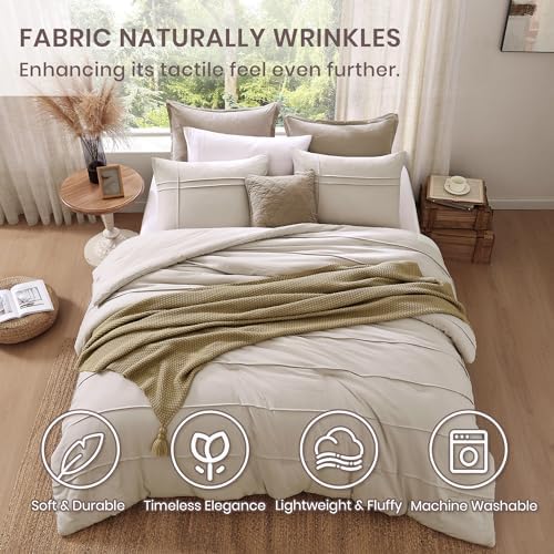 Beige Boho Twin XL Comforter Set, 2 Piece Pinch Pleat Boho Bedding Sets, Dorm Twin XL Comforter for College Girls Boys(Beige,66"*90")