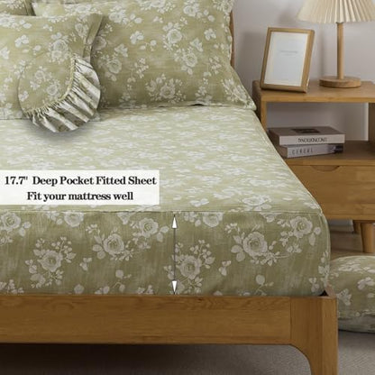 FADFAY Sage Green Sheets Set King 100% Cotton Washed Double Gauze Muslin Bedding 4Pcs Vintage Rose Floral Sheets Shabby Cottagecore Bedding Super Soft & Breathable Deep Pocket Fitted Sheet, King Size