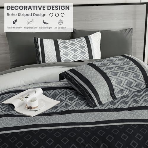Cottolester Boho Comforter Set King Size,Black Gray Striped Bed in a Bag