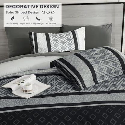 Cottolester Boho Comforter Set Queen Size,Black Gray Striped Bed in a Bag