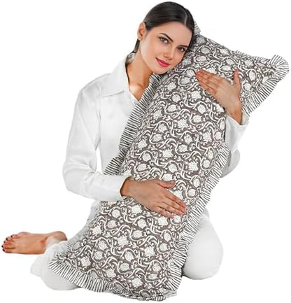 CPC Block Print Mocha Regal Ruffle Cotton Lumbar Pillow Cover 14x36 inch