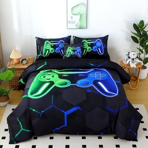 Gaming Twin Bedding Sets for Boys, Green and Blue Gamer Kids Comforter Set, 6 Pieces Game Console Bedding Comforter Sheet Set (Green Blue, Twin)