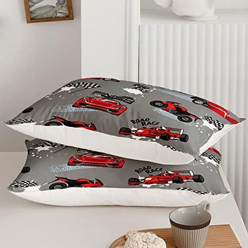 Axolotl Kid Comforter Set Queen Size,Racing Car Bedding Set for Boys Girls Teen Car Racing Gifts,Race Cars Quilt Bed Set with 1 Comforter 2 Pillowcases,Red Grey