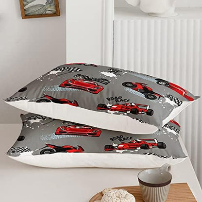 Axolotl Kid Comforter Set Queen Size,Racing Car Bedding Set for Boys Girls Teen Car Racing Gifts,Race Cars Quilt Bed Set with 1 Comforter 2 Pillowcases,Red Grey