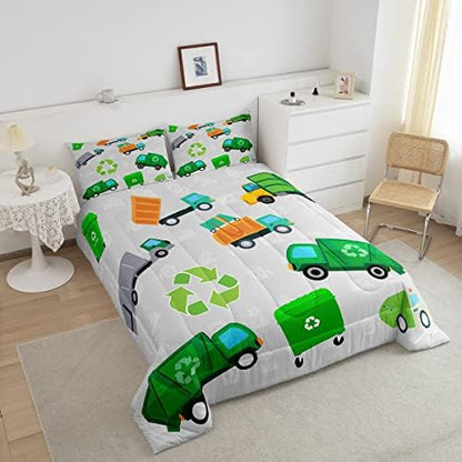Feelyou Green Garbage Truck Bedding Set - Cartoon Trash Truck Comforter Set for Kids Boys Girls Teens - Green Vehicle Car Comforter Duvet Set with 1 Pillow Case