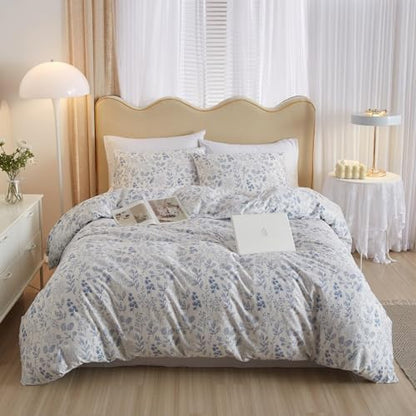 Vintage Flower Comforter Set King Blue Floral Bedding Comforter Cottagecore Flower Botanical Comforter Set Fluffy Soft Coquette Bedding King Size Lightweight Boho Floral Comforter with 2 Pillowcases