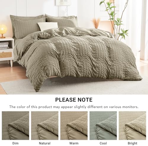 HYMOKEGE Linen Queen Comforter Set Seersucker 7 Pieces, All Season Luxury Bed in a Bag Queen for Bedroom, Bedding Set with Comforter, Sheets, Pillowcases & Shams
