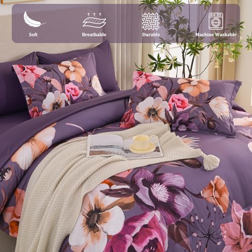 Luxudecor Floral Comforter Set Queen Size 7 Piece, Purple Flower Bed in a Bag, Elegant Floral Comforter Bed Set with Sheet Set, Soft Microfiber Bedding Set for All Season (90"x90")