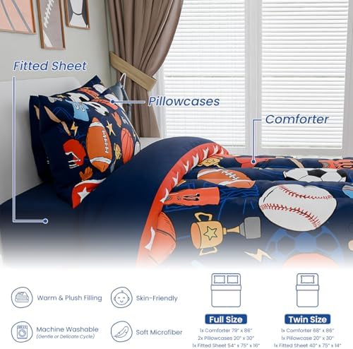 SANDJEST Sports Bedding Sets for Boys, Ultra Soft Microfiber Comforter Bed Set with 3-Pieces, Comforters Sets for Kids Children Boy Bedroom Decor