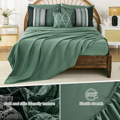 Dintszyayue Green Comforter Set Queen Size, 8 Pieces Boho Striped Bed in a Bag Soft Microfiber Bedding Set for All Season