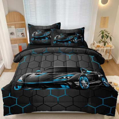 5 Pcs Race Car Twin Bedding Set for Boys, Blue Sports Car Twin Boys Comforter Set with Sheets