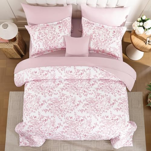 6 Pieces Pink Comforter Set Twin Size, Floral Bed in a Bag Comforter Sets