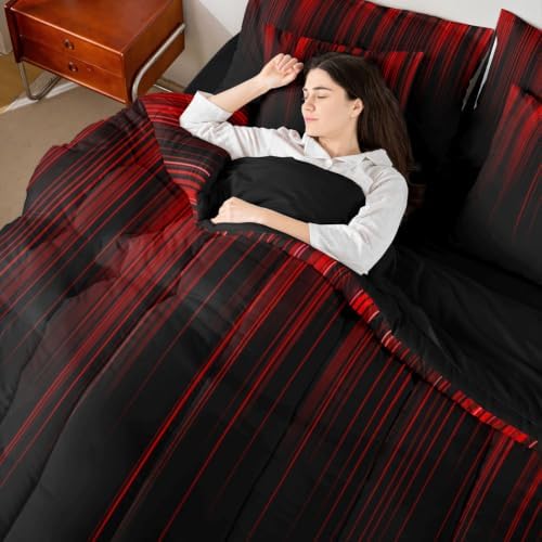 Feelyou Neon Red Black King Comforter Set with Sheets for Kids Boys Girls Geometric 7 Pieces Bedding Set Ombre Bed in a Bag Room Decor Soft Lightweight Microfiber