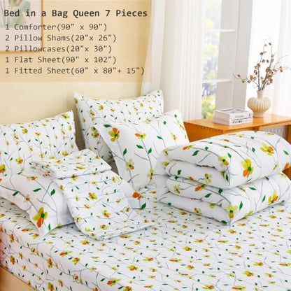 lasoftan Floral Queen Comforter Set with Sheets, 7 piece Luxury Vintage Bedding, Soft Microfiber Bed in a Bag, Cozy Lightweight Bed Set, Yellow Flower