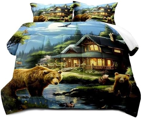 LUVIVIHOME 3PCS Cute Bear Comforter Set King Size, Mallard Duck Deer Squirrel Lake Woodland Forest Animal Wildlife Country Lodge Rustic Farmhouse Cabin Bedding Sets for Kids Boys Girls, 2 Pillow Shams