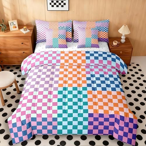 jejeloiu Teal Purple Orange Bedding Set 7Pcs Full Size Kids Plaid Checkered Comforter Set with Sheets for Boys Girls Classic Grid Buffalo Check Bed in a Bag Soft Lightweight,Microfiber