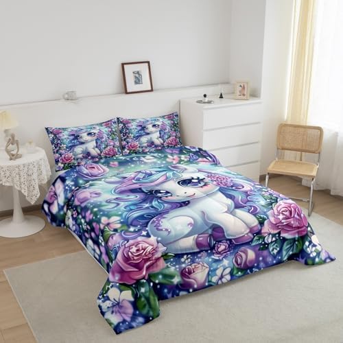 Castle Fairy Unicorn Bedding Comforter Set Twin Size Cute Cartoon Unicorn Comforter and 1 Pillowcase for Kids Girls Girly Room Decor Pink Rose Flower All Season Quilt Duvet Reversible,Colorful Purple