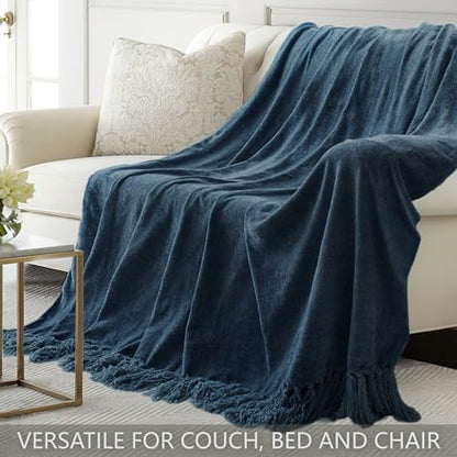 Chenille Throw Blanket for Couch 60" x 80" Twin, Navy Blue