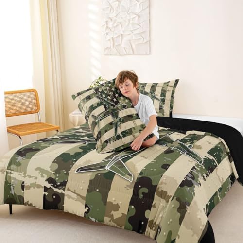 Erosebridal Camo American Flag Comforter Set King Camouflage Military Aircraft Bedding Set Army Green Airplane Comforter for Kids Boys Girls Vintage Patriotic Plane Quilt Duvet