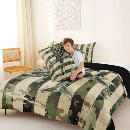 Erosebridal Camo American Flag Comforter Set King Camouflage Military Aircraft Bedding Set Army Green Airplane Comforter for Kids Boys Girls Vintage Patriotic Plane Quilt Duvet