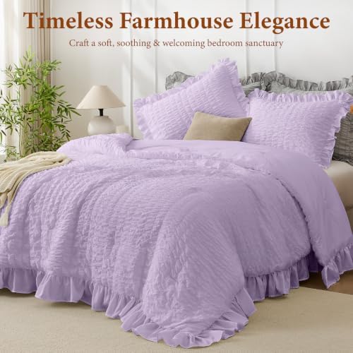 JOLLYVOGUE Lavender Queen Comforter Set, 3 Pieces Seersucker Comforters Queen Size, Lightweight & Fluffy Bedding Sets Queen for All Season with 1 Ruffle Comforter and 2 Ruffle Pillowshams