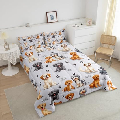 Kids Cute Dog Comforter Set Toddler Cartoon Dogs Bedding Set for Boys Girls Children Pet Dog Puppy Animal Lover Comforter Lovely Dog Paw Down Alternative Comforter for All Season Room Decor Twin Size