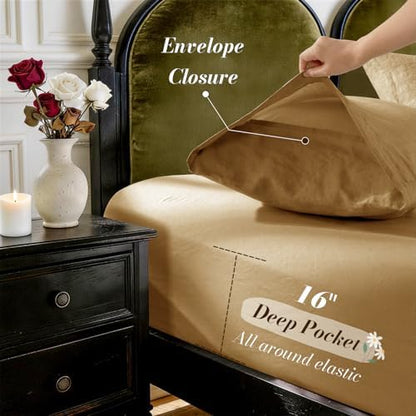 SONORO KATE 100% French Linen Queen Size Sheets Set,Natural Flax Bedding