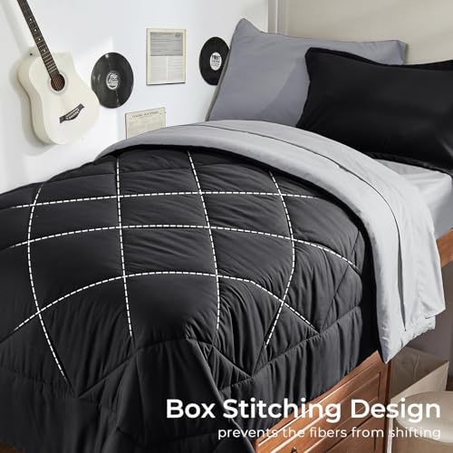 HEVUMYI 5-Piece Twin Comforter Set, Black & Light Grey Bed in a Bag