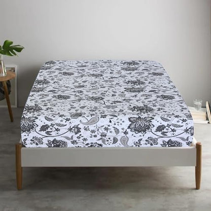 Feather & Stitch Fitted Sheet Only, 100% Cotton 300TC Lightweight Cooling & Breathable Percale Weave Fitted Sheet 16" Regular Elastic Deep Pocket Soft Bedding Mattress (King, Grey Floral Paisley)