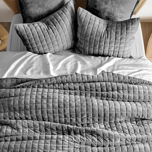 RECYCO Channel Box Stitch Velvet Quilt Set Twin/Twin XL Size, Charcoal Gray