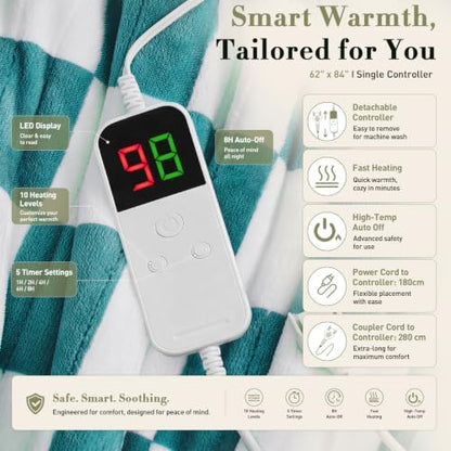 Electric Blanket Heated Twin 62"X84", Heating Blanket Twin, Teal